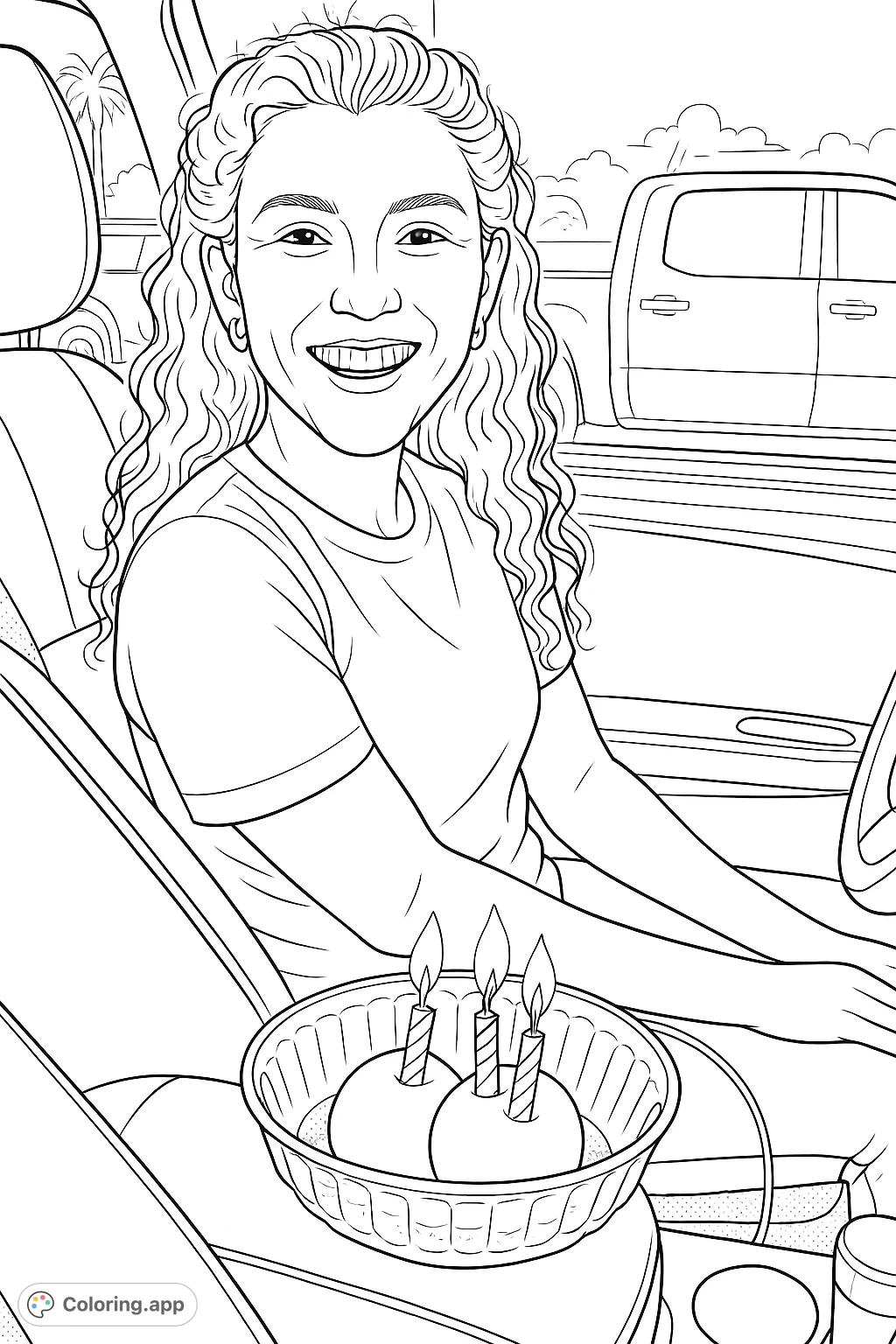 A joyful woman celebrates her birthday in a car, with a special dessert and lit candles. A heartwarming scene ready for your creative touch.