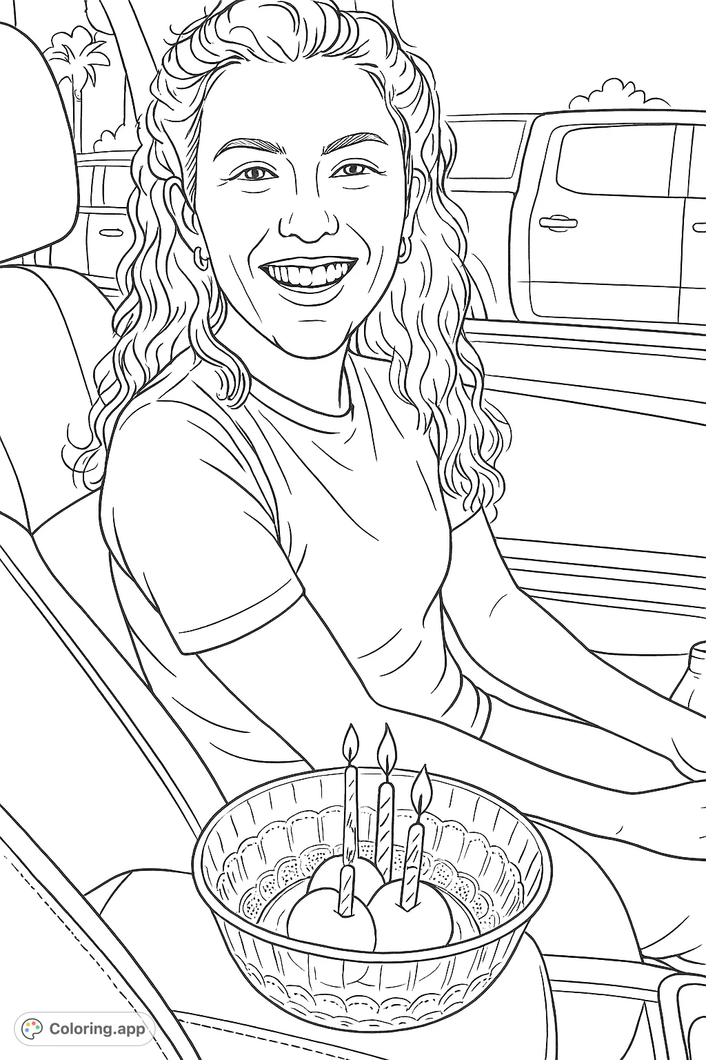 Capture a joyful birthday moment with a smiling woman and a dessert bowl with lit candles in a car. A happy celebration coloring page.