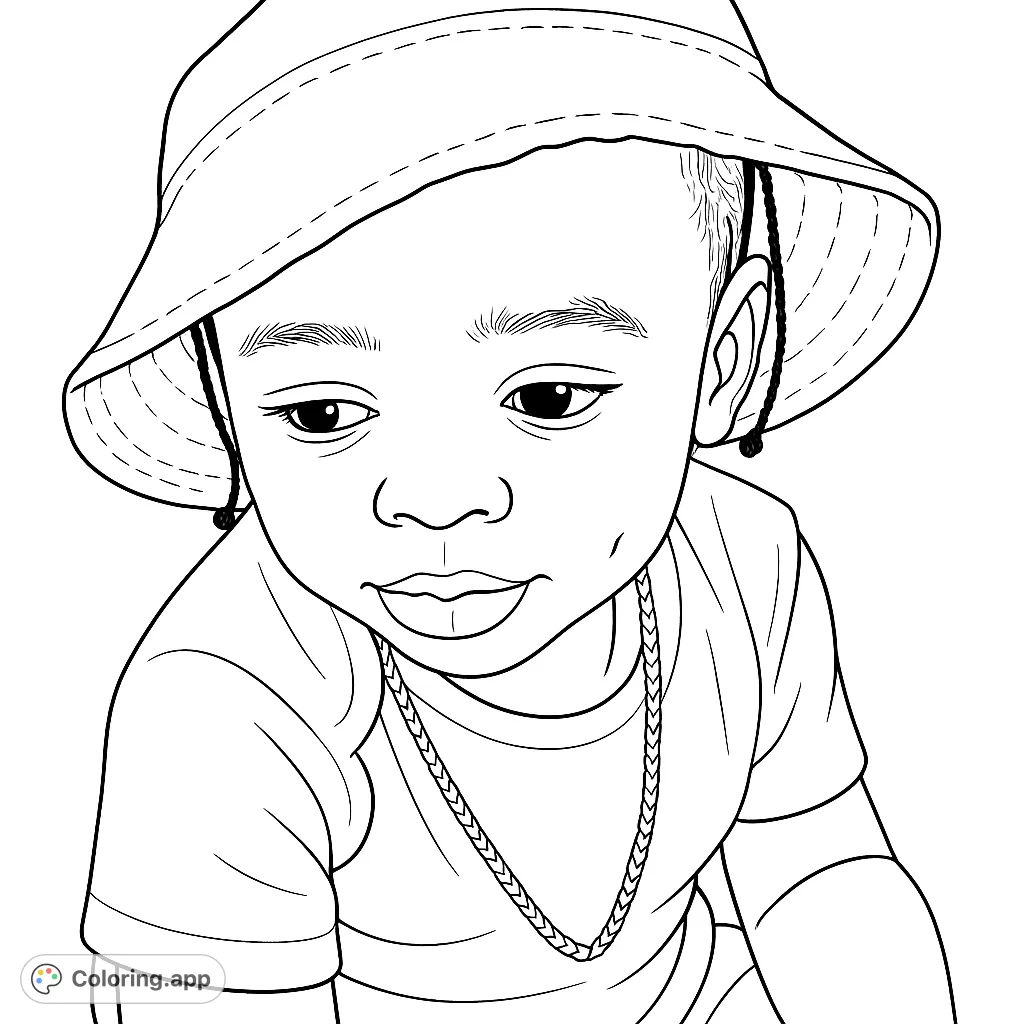 A charming portrait of a young child wearing a bucket hat and a delicate chain, looking down with a gentle expression. Perfect for a sweet coloring moment.