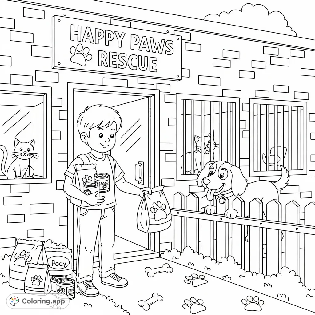 A heartwarming pet rescue coloring page featuring a kind boy donating food to grateful dogs and cats at "Happy Paws Rescue." A free printable coloring page for kids.