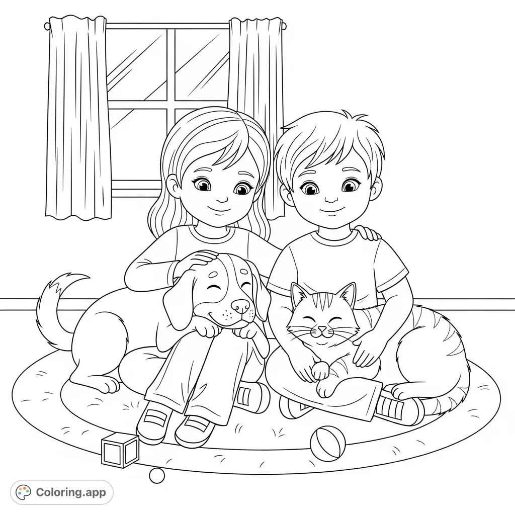 A heartwarming scene of a girl and boy affectionately interacting with their dog and cat on a cozy rug, perfect for a family pets coloring page.