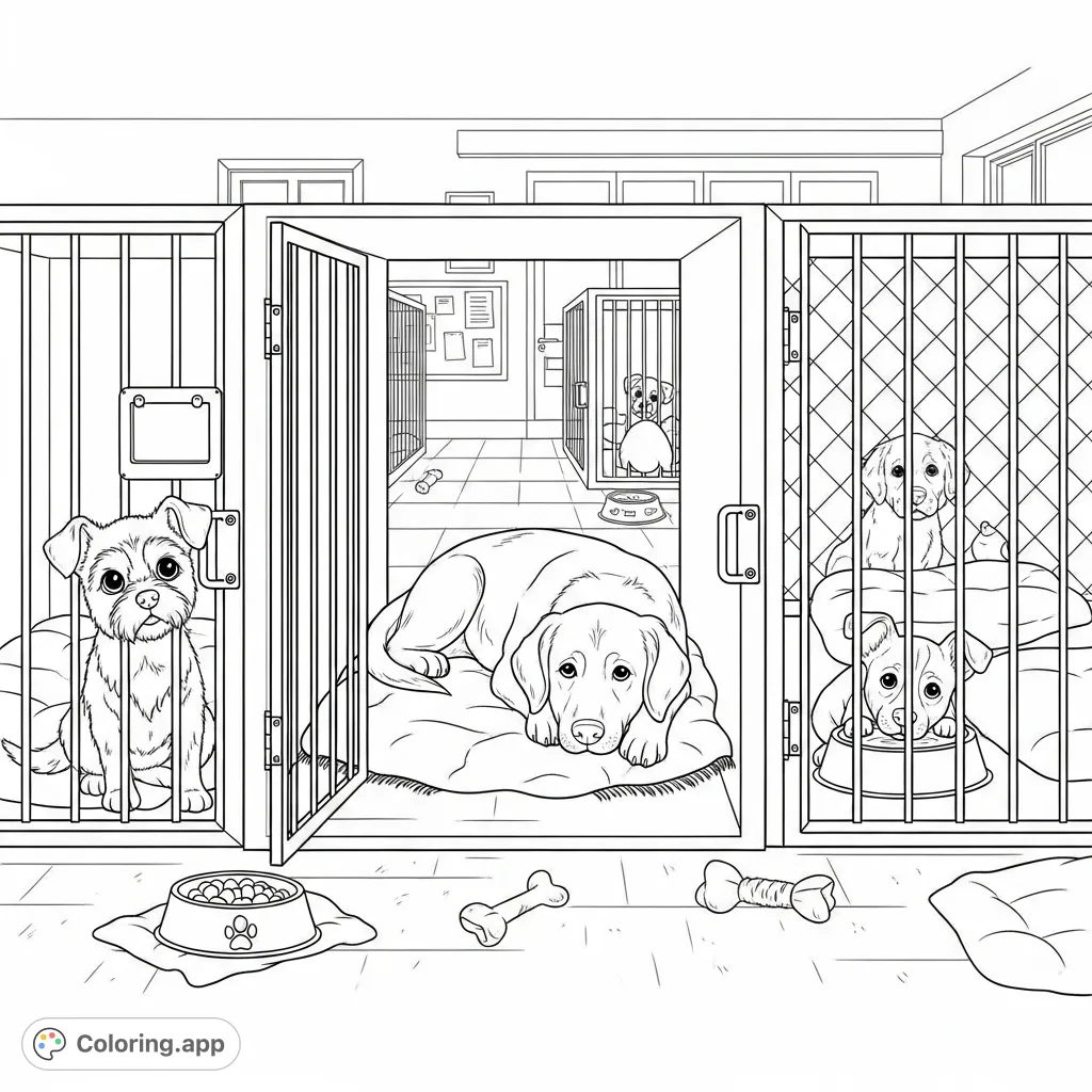 A heartwarming pet rescue coloring page featuring various dogs in their kennels, awaiting their forever homes. Perfect for animal lovers of all ages.