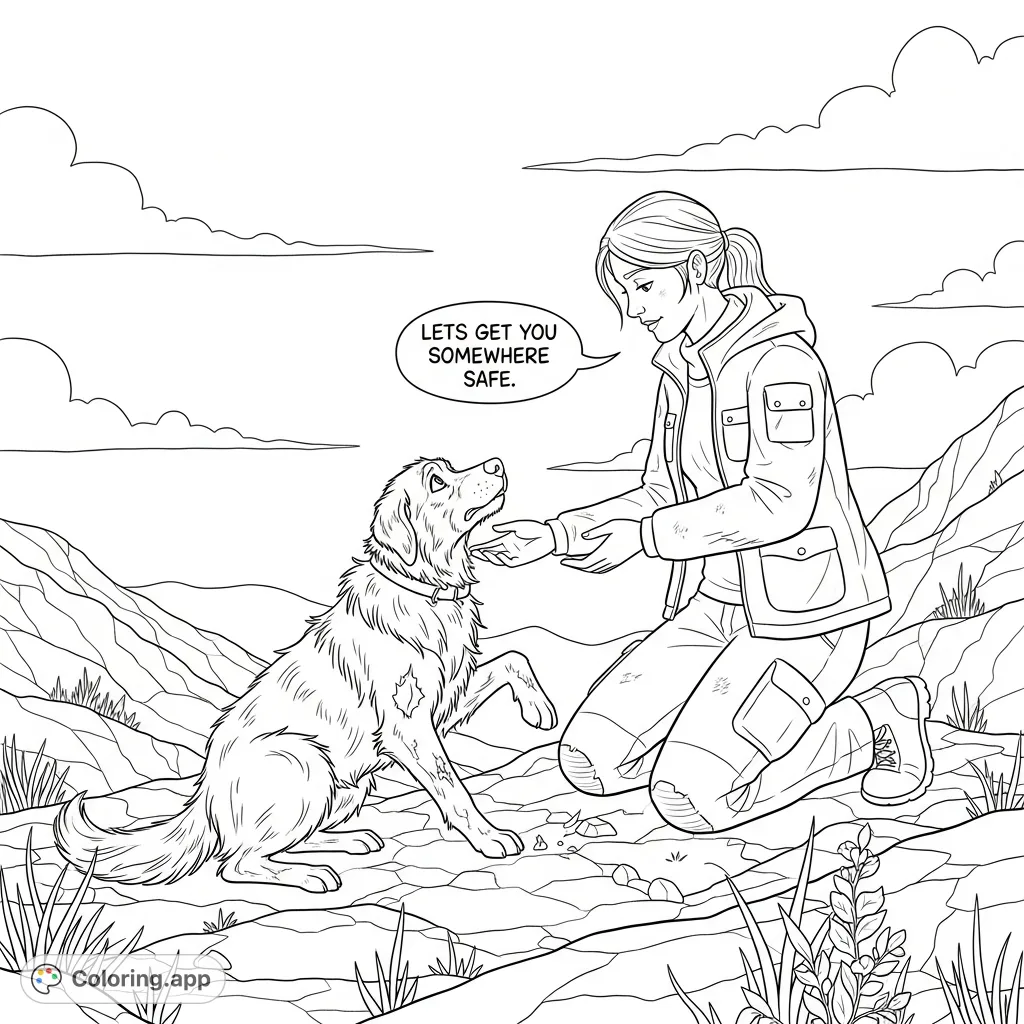A heartwarming scene of a lady gently rescuing a cowering dog on rocky terrain, offering comfort and safety. Features a speech bubble with "lets get you somewhere safe."