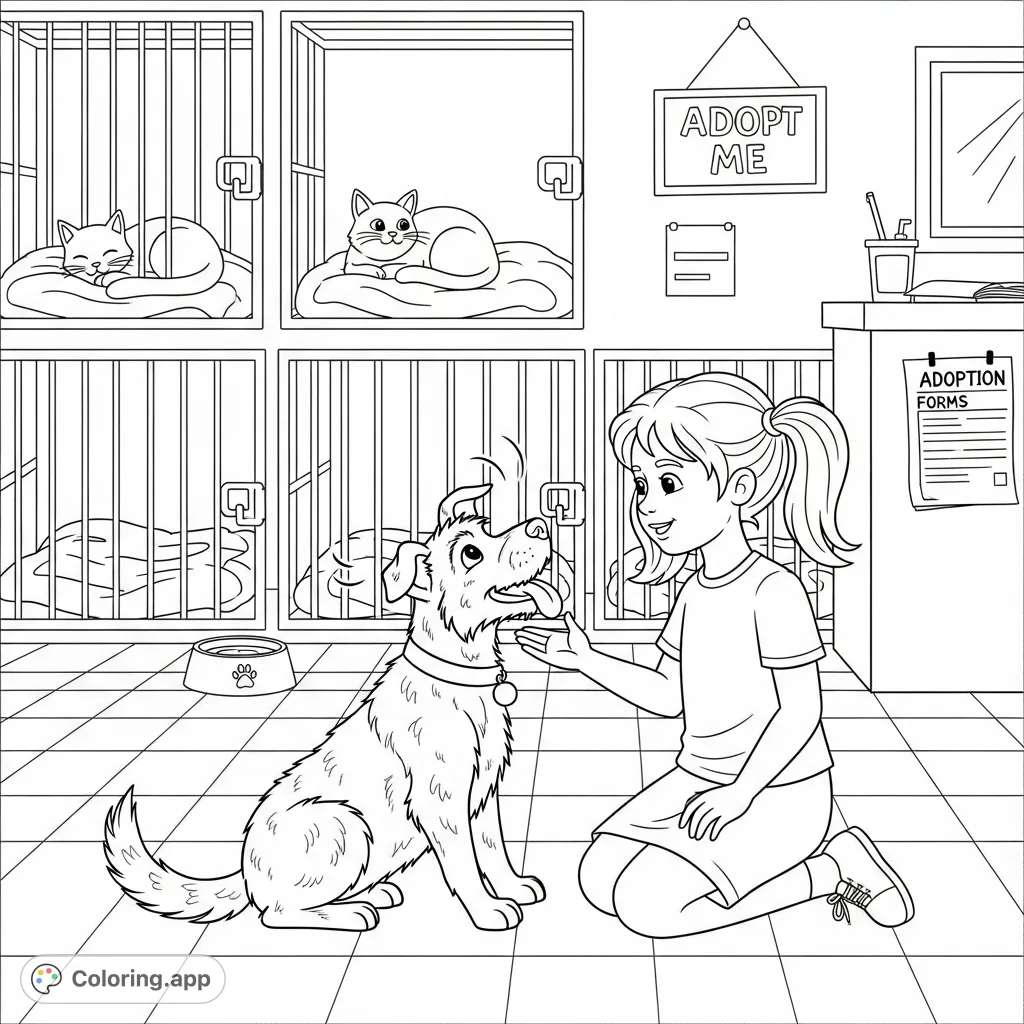 Capture the heartwarming moment of a young girl adopting a scruffy dog at a rescue center. This free printable coloring page depicts a scene of new beginnings and companionship.