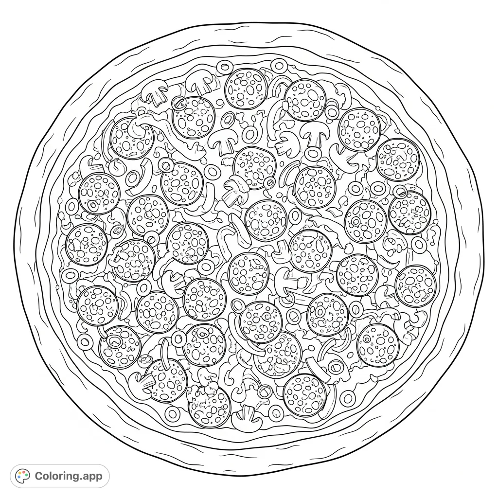 Dive into a delicious big pepperoni pizza coloring page, loaded with extra toppings! A free printable food coloring page for kids and adults.