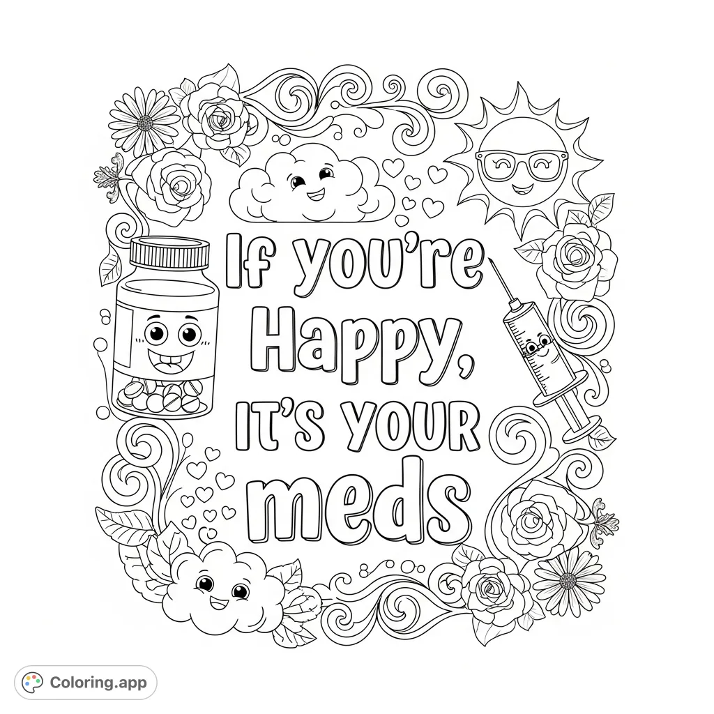 A humorous adult coloring page featuring the quote "If you're happy, it's your meds" surrounded by funny pill bottles, syringes, whimsical clouds, flowers, and intricate swirls.
