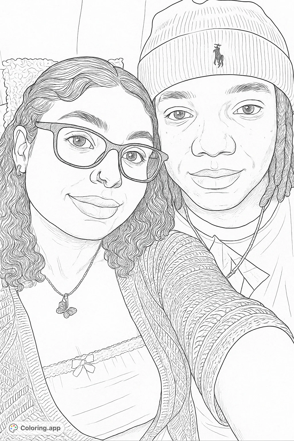 A detailed portrait of two individuals, one with glasses and a butterfly necklace, the other in a beanie. Capture their connection with your colors.