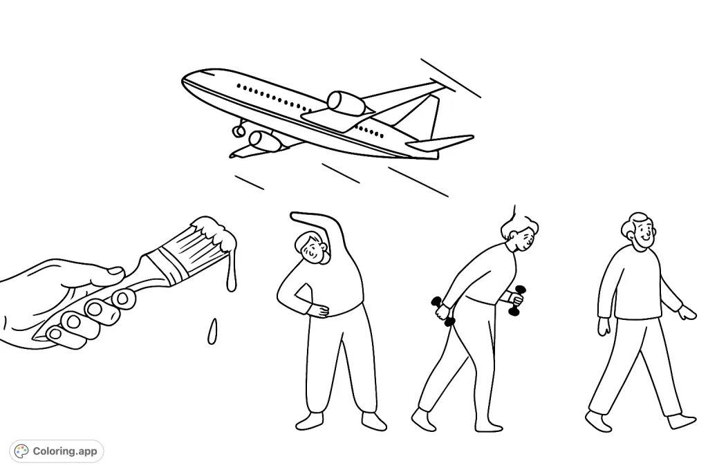Explore a diverse scene featuring an airplane in flight, a hand with a paintbrush, and people stretching, walking with weights, and strolling. A mix of daily life.
