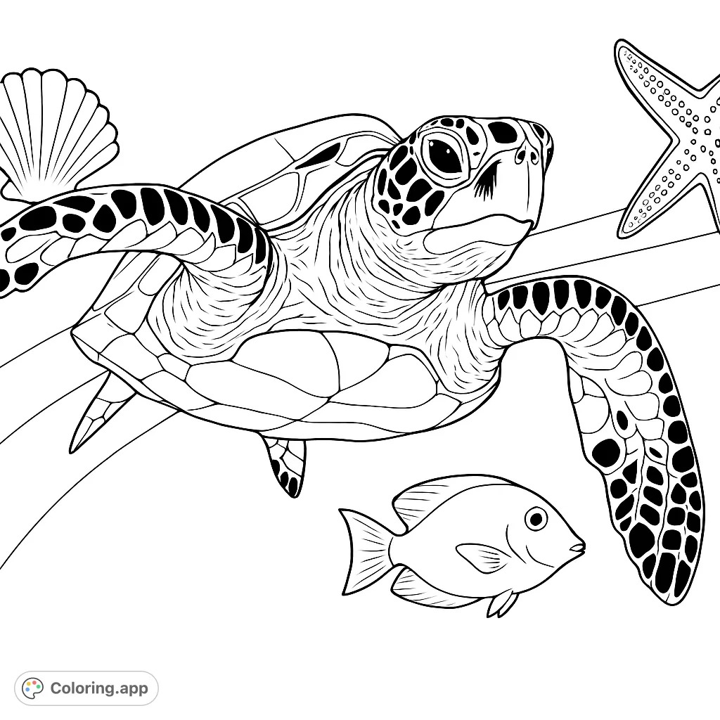 Dive into an ocean adventure! This sea turtle coloring page features a majestic turtle, a playful fish, and marine outlines, perfect for all ages.