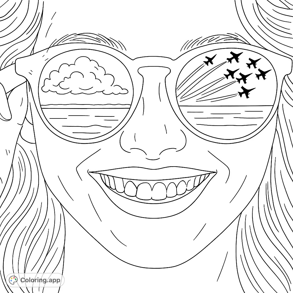 A smiling face wearing patterned sunglasses, reflecting a dynamic sky scene with clouds and jet aircraft. A unique and engaging coloring page.