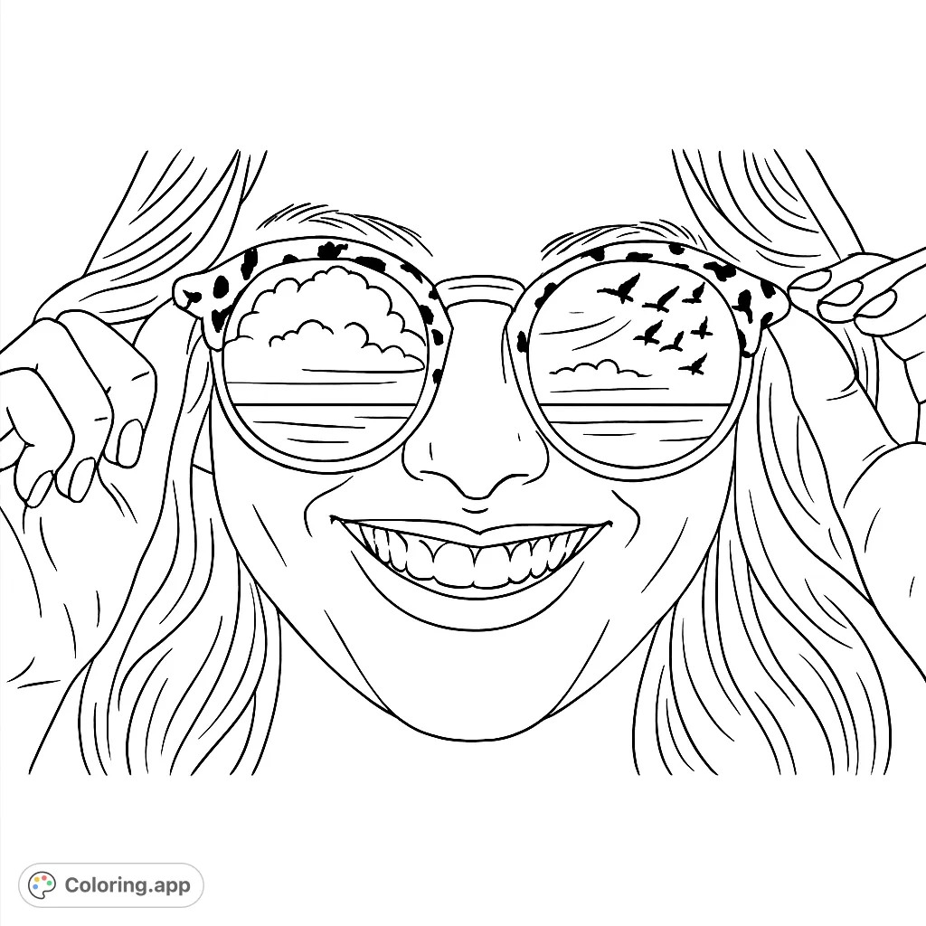 A smiling woman holds sunglasses reflecting a dramatic sky with clouds and fighter jets. A unique blend of portrait and dynamic aerial scene.