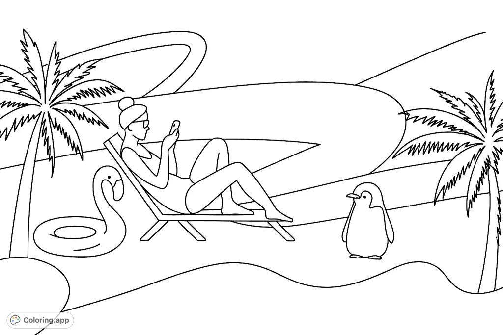 Relax in this summer leisure scene featuring a person on a lounge chair, a playful penguin, and palm trees. Perfect for a relaxing coloring experience.