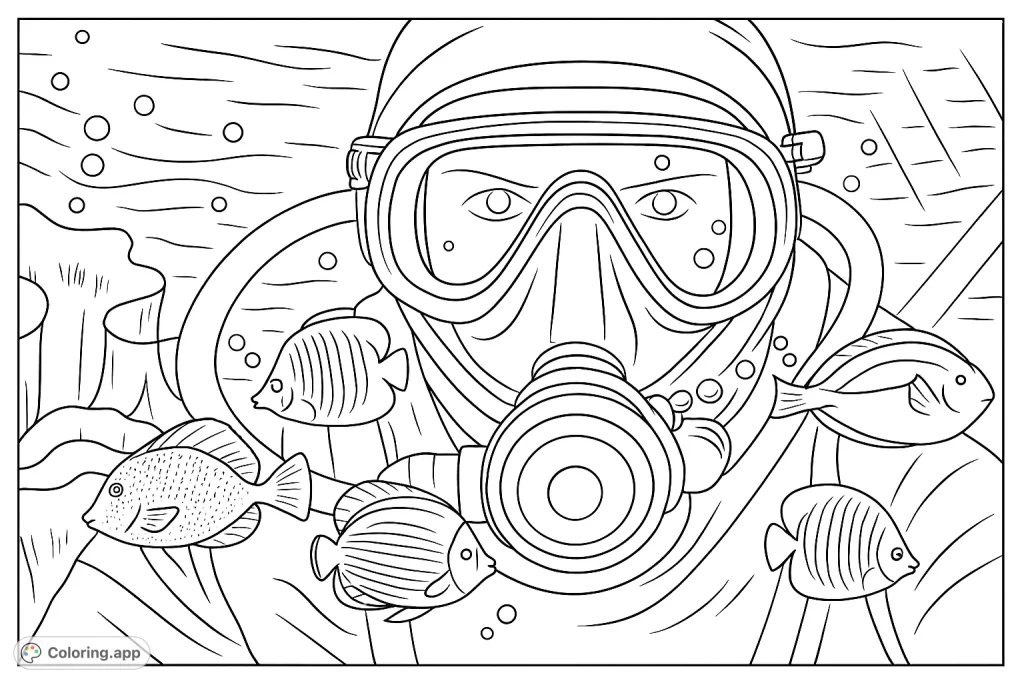 Explore the depths with a diver surrounded by a school of tropical fish. A detailed underwater scene perfect for ocean enthusiasts.