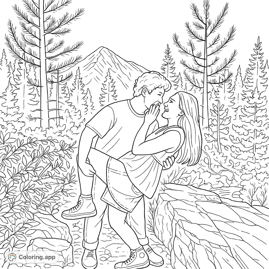 Capture a moment of joy with this mountain couple coloring page. Features a loving embrace amidst towering trees and a majestic peak, perfect for nature lovers.