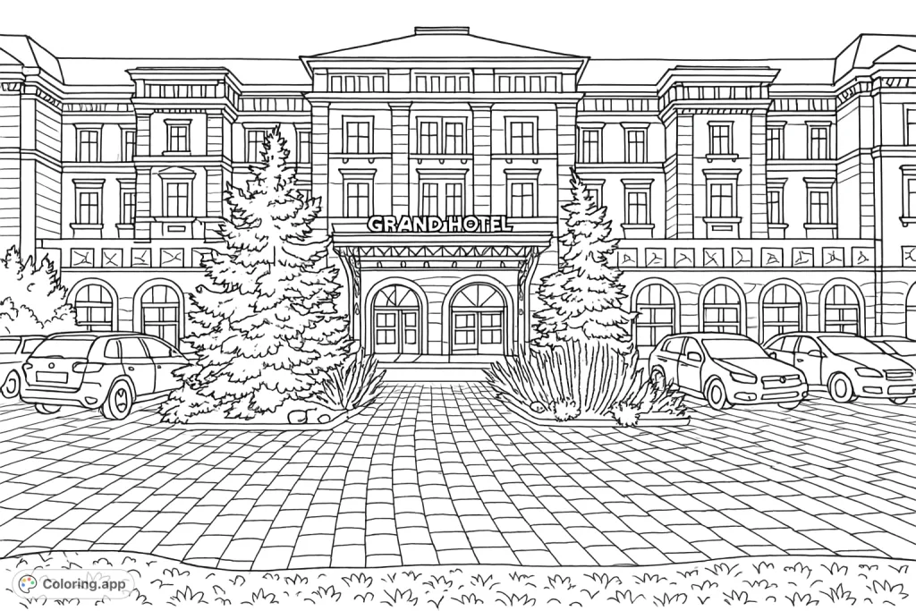 Color a majestic grand hotel with intricate architectural details, lush trees, and parked cars. A challenging and rewarding architectural coloring page.