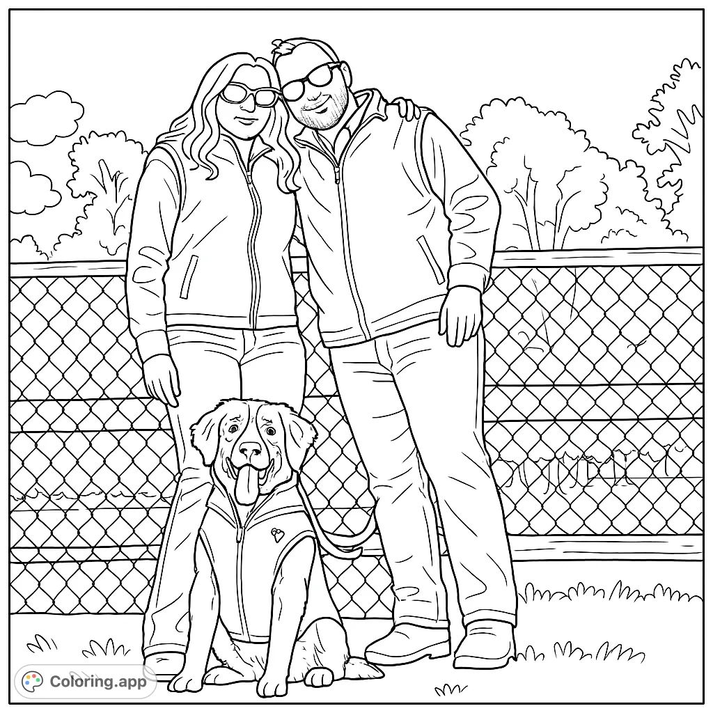 A heartwarming scene featuring a couple and their adorable puppy posing by a rustic fence. Perfect for family and pet lovers to color and enjoy.