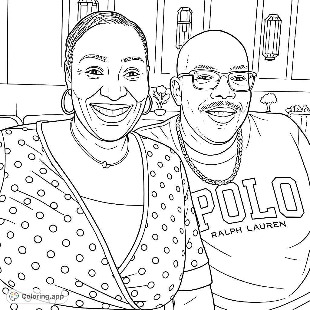 A delightful coloring page featuring a smiling couple in a sophisticated setting, perfect for celebrating relationships and adding your personal touch.