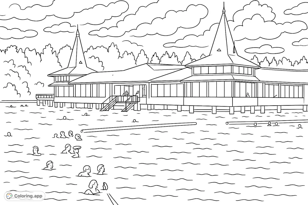 Immerse yourself in this detailed coloring page featuring a grand lakeside bathhouse with pointed roofs, surrounded by swimmers enjoying the water. A serene and engaging scene.