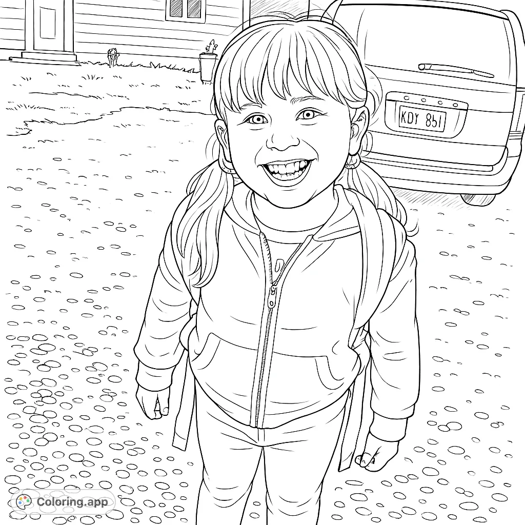 A cheerful child with a backpack, ready for adventure. This delightful coloring page captures a moment of youthful joy, perfect for young artists.