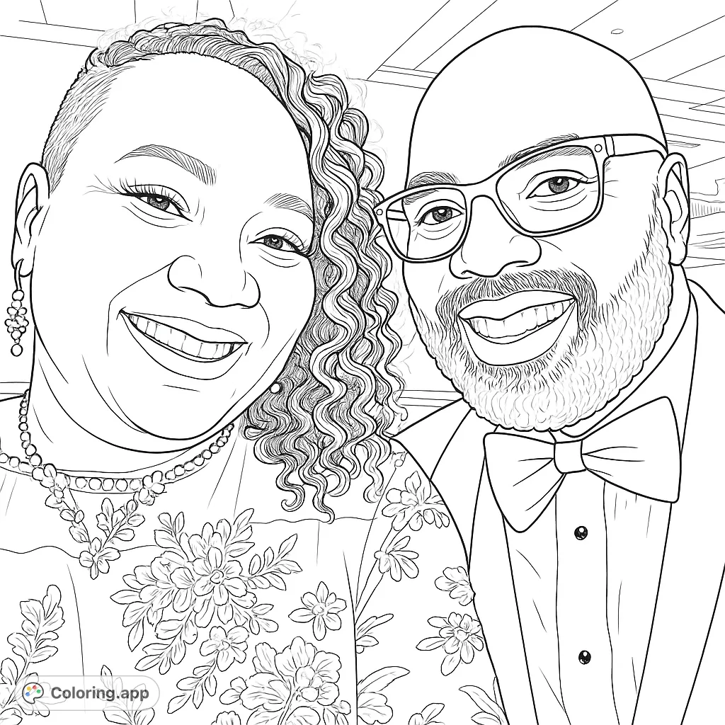 A heartwarming coloring page featuring a smiling couple in formal attire, with intricate details on clothing and accessories. Perfect for celebrating love.
