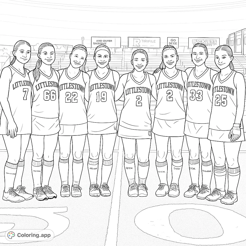 A dynamic field hockey team stands united on the field, ready for action. Perfect for sports enthusiasts and aspiring athletes to color.