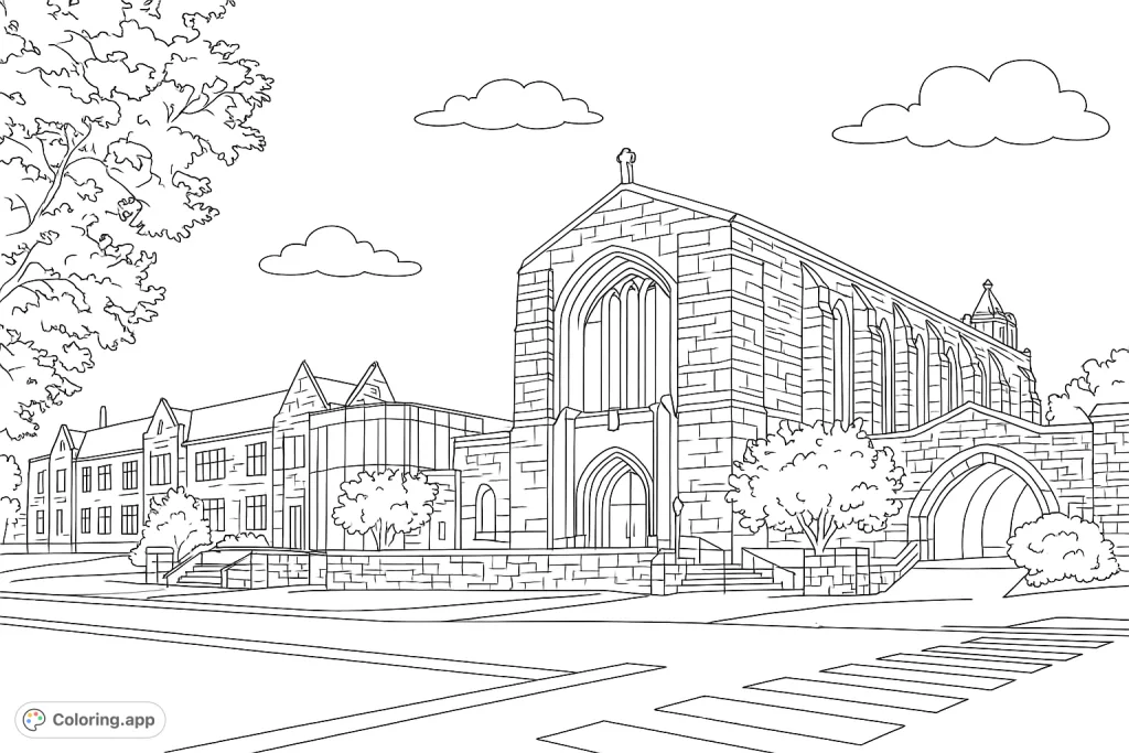 Explore a detailed stone building with historic and modern architectural elements, intricate windows, and surrounding natural features.