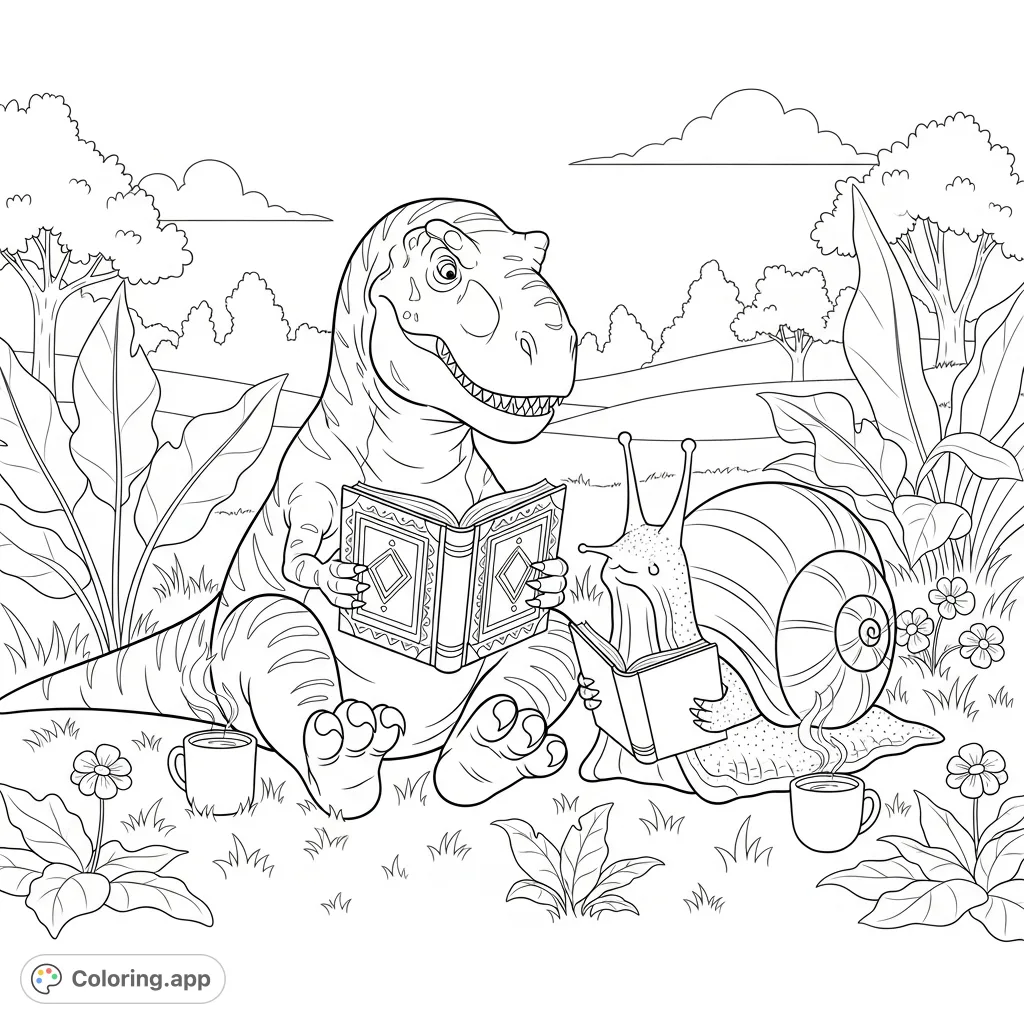 A heartwarming scene of a friendly dinosaur and a snail, best friends, enjoying books and coffee outdoors. Perfect for a whimsical coloring adventure!