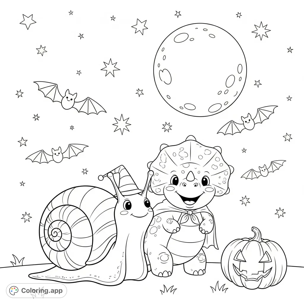 A charming Halloween coloring page featuring a cute snail and dinosaur in costumes, surrounded by bats, stars, and a full moon. Perfect for festive fun!