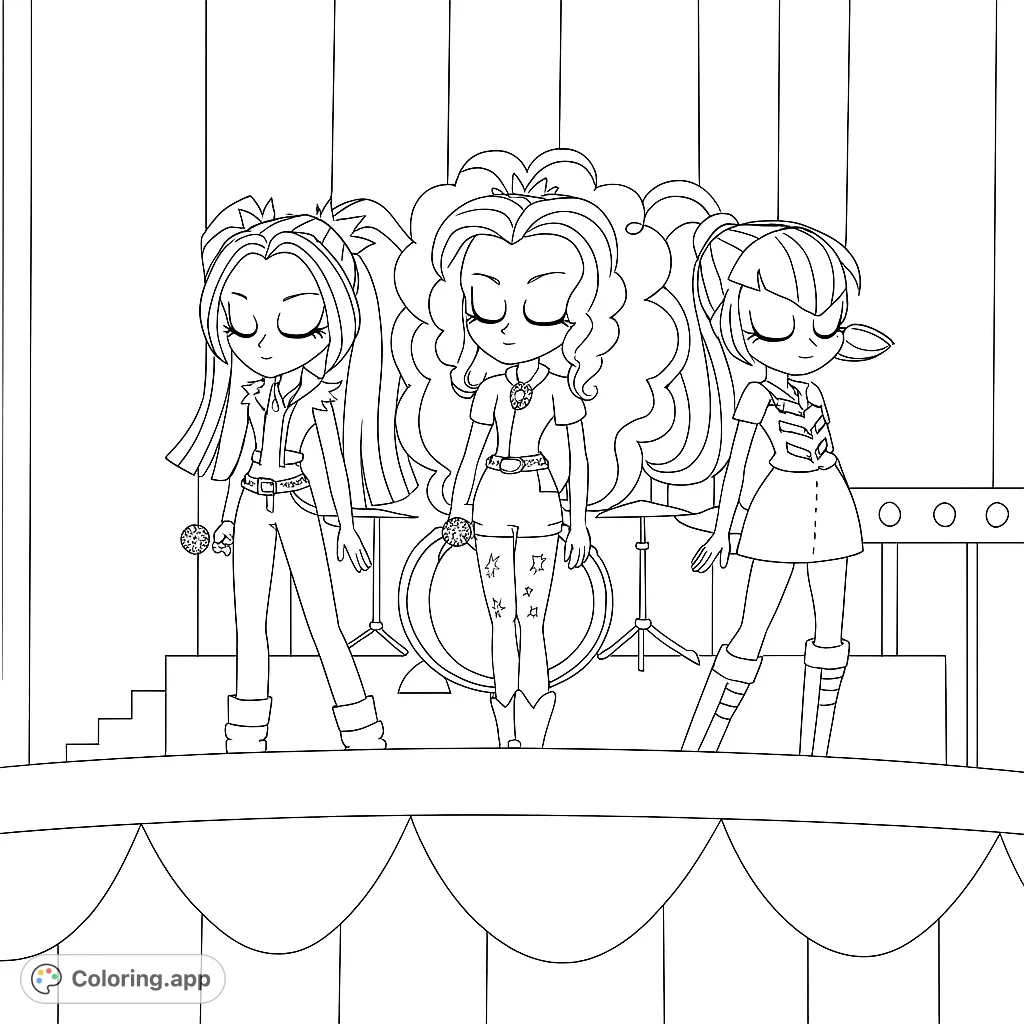 Join this dynamic pop star trio on stage, ready to perform! A fun and energetic coloring page featuring three animated characters and a drum set.