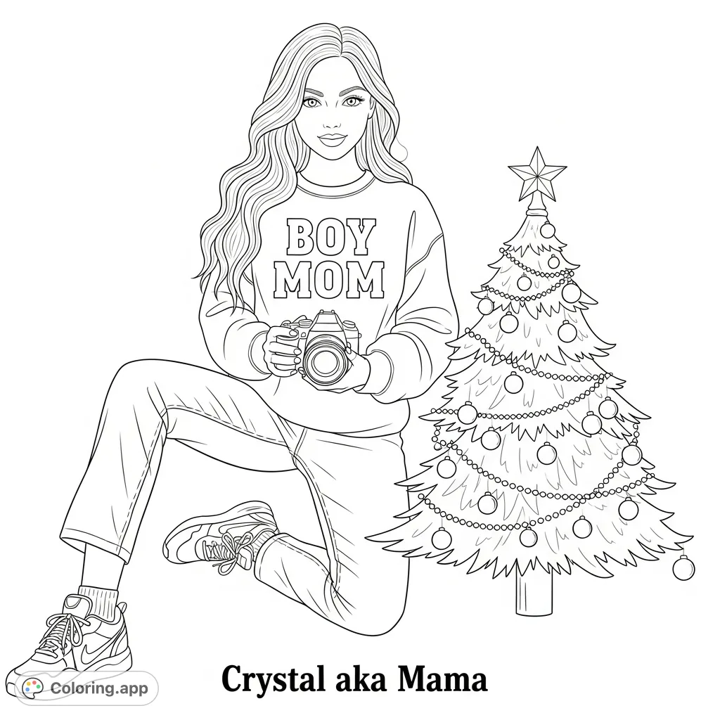 A heartwarming Boy Mom coloring page featuring a woman with a camera, a festive Christmas tree, and personalized text. Perfect for moms!