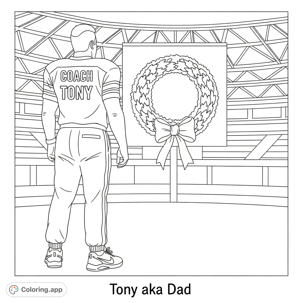A dedicated Coach Tony, in his jersey and athletic wear, stands proudly in a football stadium adorned with a wreath, celebrating his role as both coach and dad.