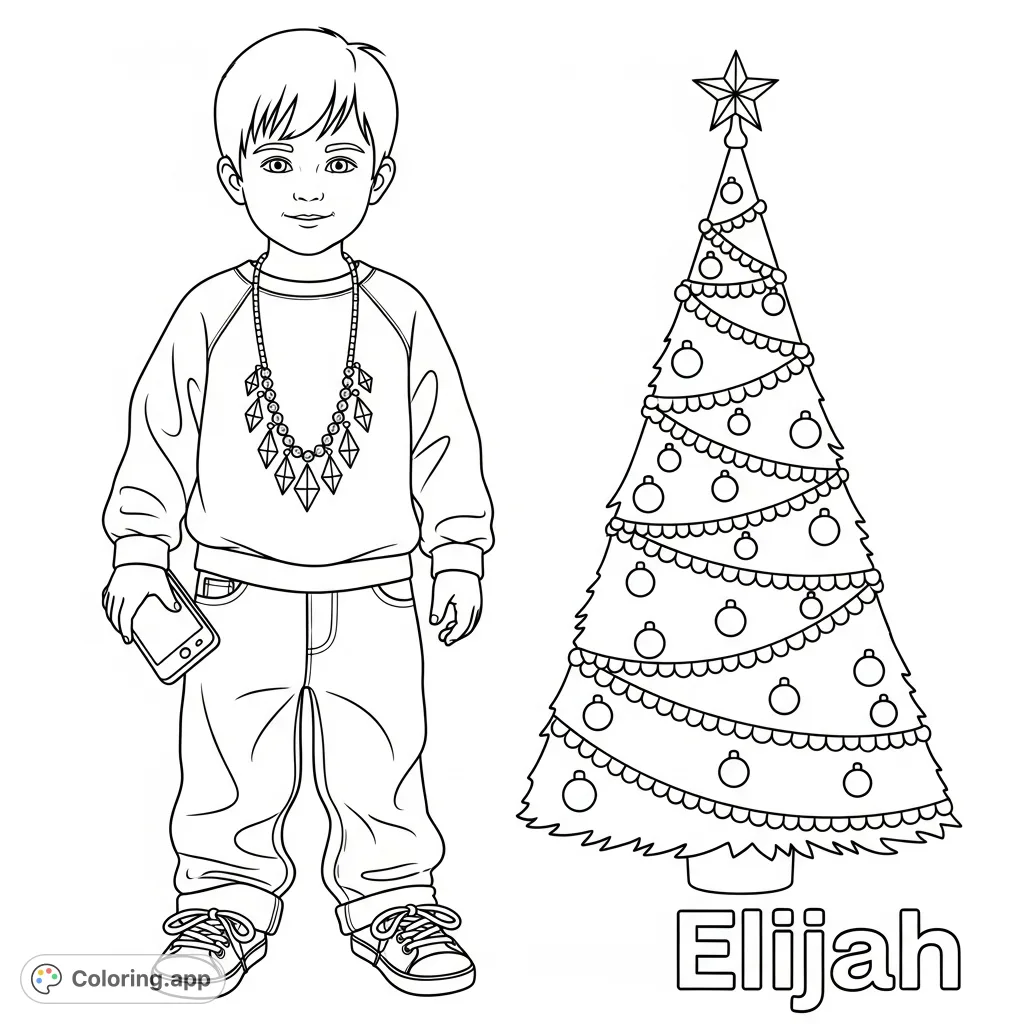 A charming coloring page featuring a 7-year-old child, Elijah, holding a cell phone next to a festive Christmas tree. Perfect for personalized holiday fun!