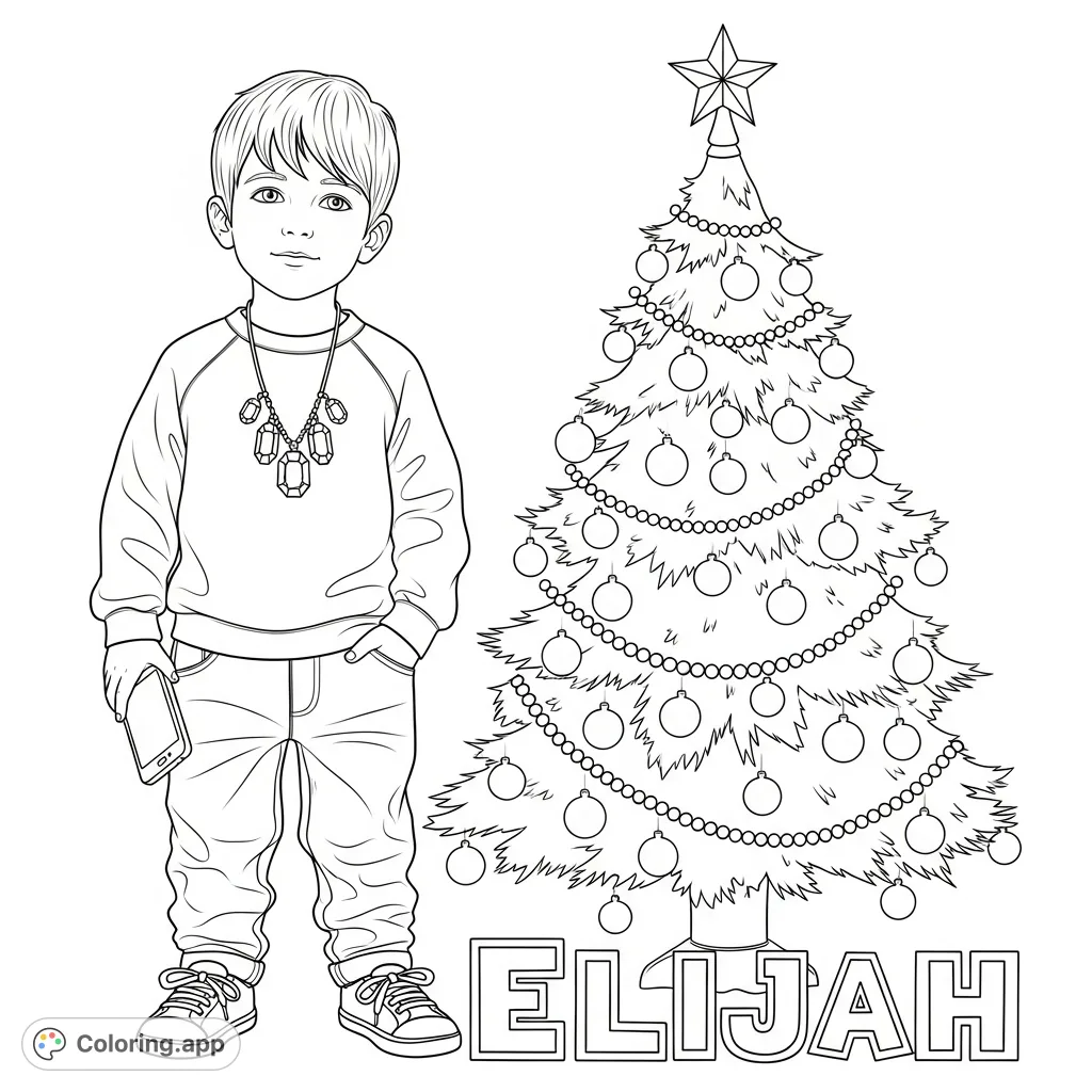 A charming coloring page featuring a young boy, Elijah, holding a cell phone next to a festive Christmas tree, perfect for personalized holiday fun.