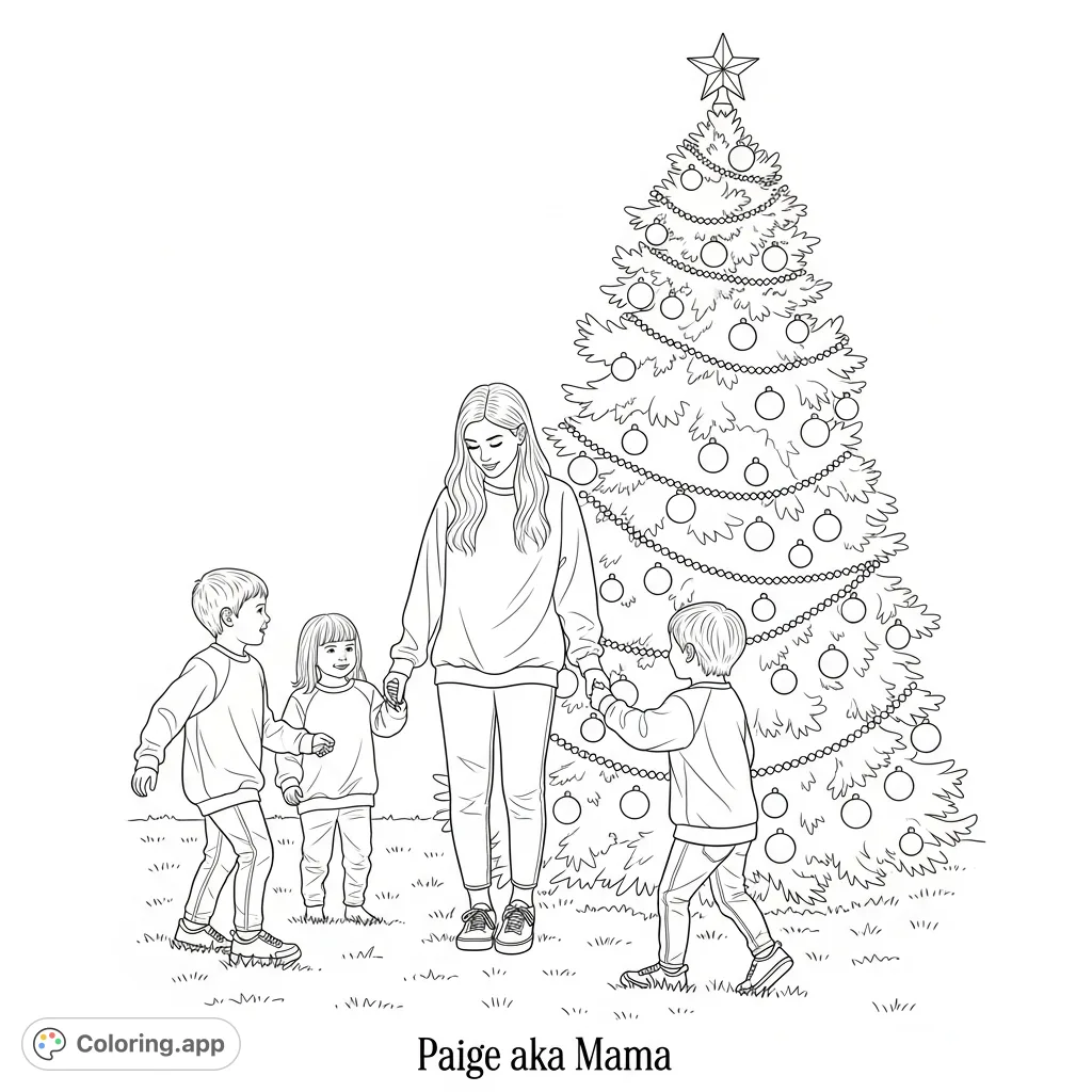 A heartwarming scene of a young mother and her three children playing joyfully in a festive yard with a decorated Christmas tree, perfect for family fun.