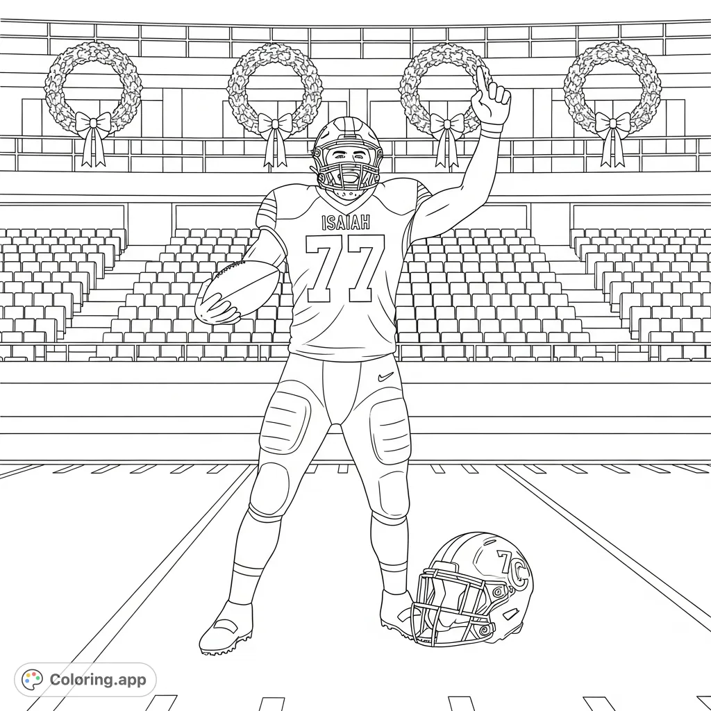 Celebrate the season with Isaiah #77, a football player on the field amidst festive Christmas wreaths. A unique blend of sports and holiday cheer for all ages.