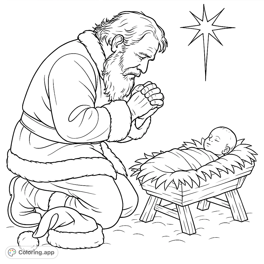 A heartwarming Christmas coloring page depicting a kneeling Santa-like figure in quiet reverence before a sleeping infant in a manger, under a guiding star.