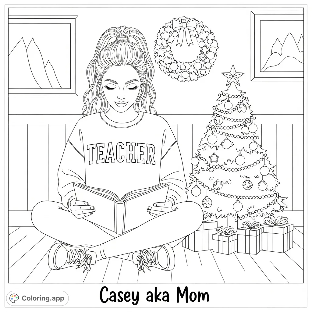 A young woman, a teacher, reads a book in a festive classroom with a Christmas tree and wreath. A heartwarming scene for all ages.