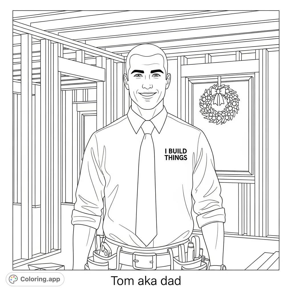 A handsome man in construction attire, "I Build Things" on his shirt, smiles in a home under construction with a Christmas wreath and "Tom aka dad" text.