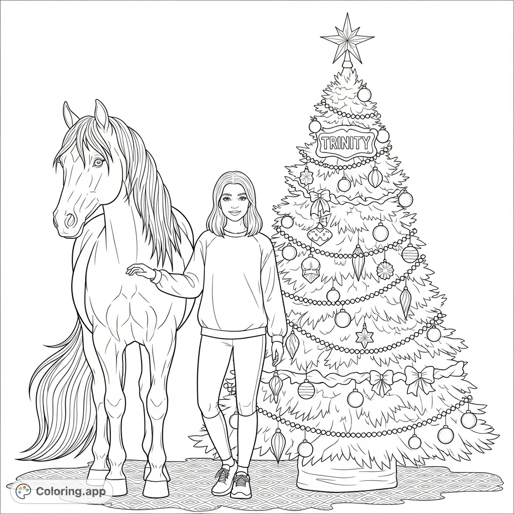 A charming Christmas coloring page featuring a young girl named Trinity, her horse, and a beautifully decorated festive tree, perfect for holiday creativity.