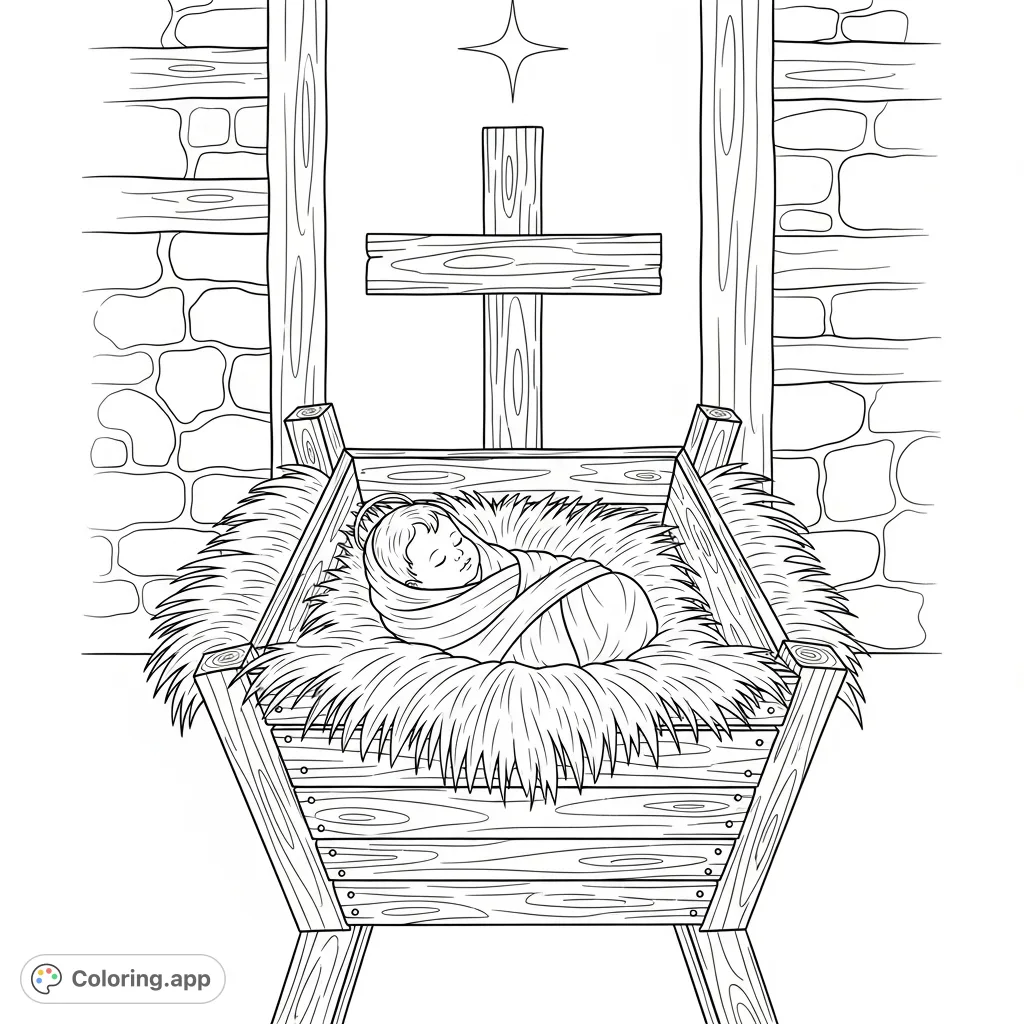 A poignant nativity coloring page featuring baby Jesus in a rustic manger, with a symbolic cross standing behind, perfect for reflection and spiritual coloring.