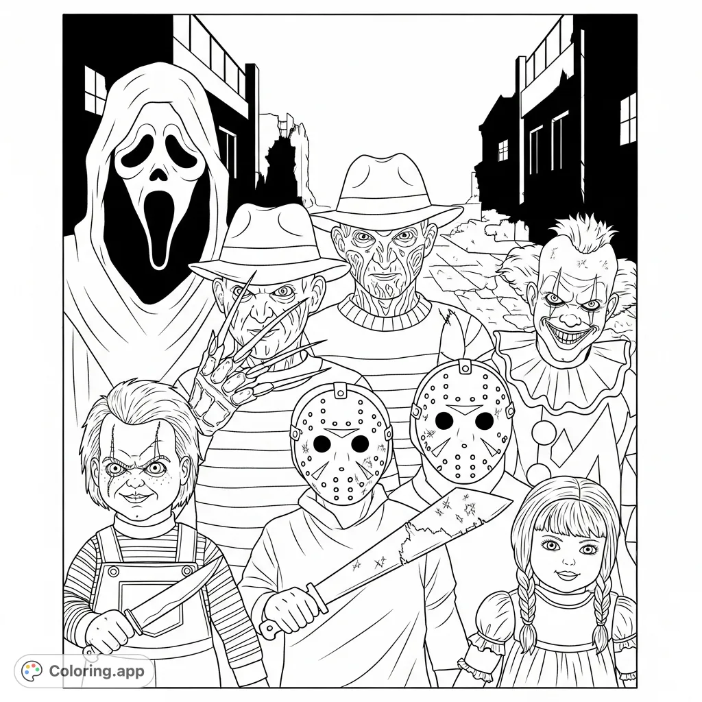 A chilling assembly of horror movie legends: Ghostface, Freddy Krueger, Chucky, Art the Clown, Jason, and Annabelle, ready for a frightful coloring experience.