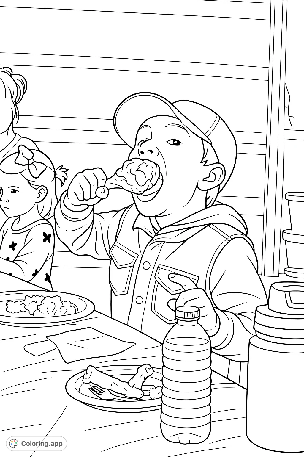 A lively coloring page featuring a young boy happily eating a large drumstick at a table, surrounded by mealtime details. Perfect for a fun, engaging activity.