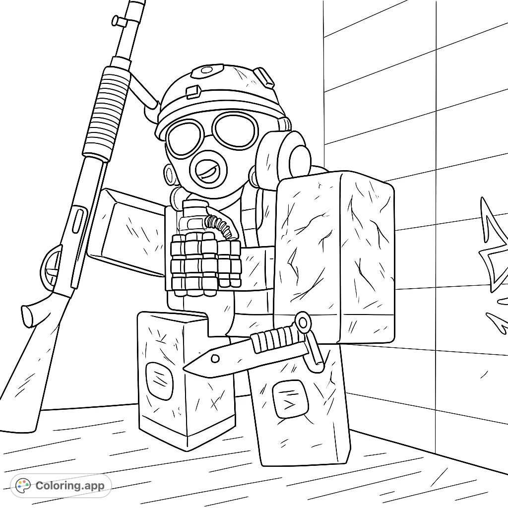 Color a tactical figure in a gas mask and helmet, armed with a shotgun and knife, standing in a gritty environment. Features detailed gear and unique body markings.