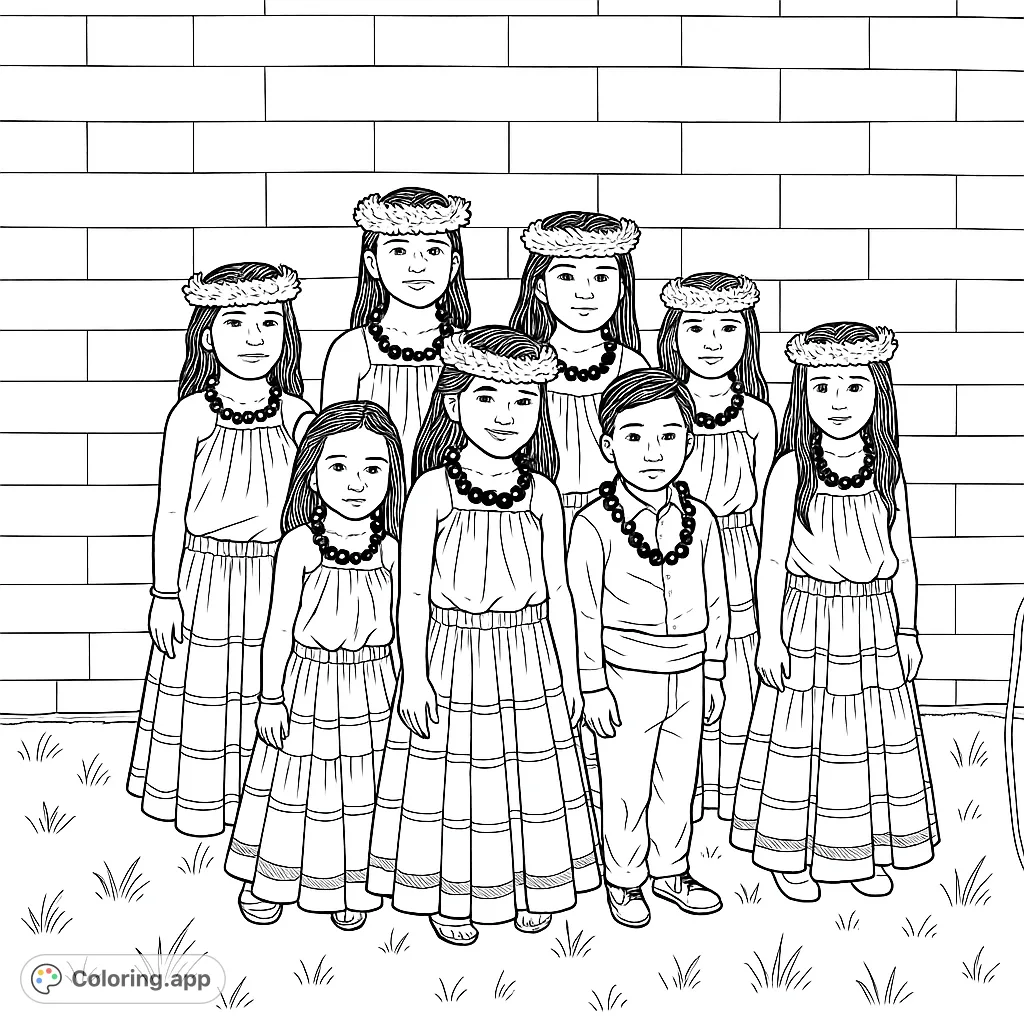 A delightful Hawaiian dance coloring page featuring children in traditional attire, perfect for cultural exploration and creative expression.