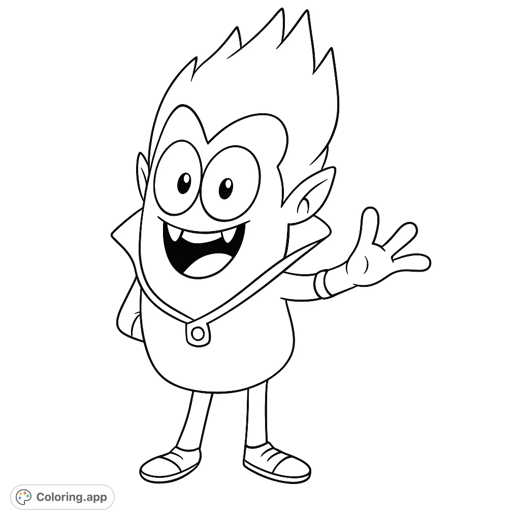 A cheerful cartoon vampire with spiky hair and fangs, waving hello. Perfect for a fun, spooky coloring adventure!