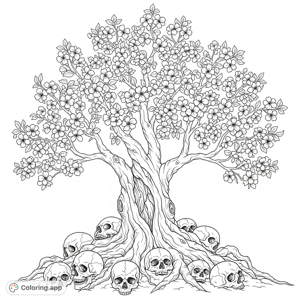 A striking cherry blossom tree, with a skeletal base surrounded by skulls, transitions to a vibrant canopy of delicate blooms and leaves, symbolizing life's cycle.