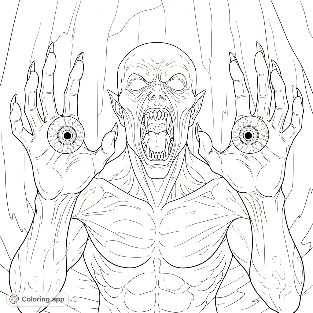 An intense demon coloring page featuring a screaming creature with fangs, empty eye sockets, and hands holding eyeballs. A macabre and detailed design.