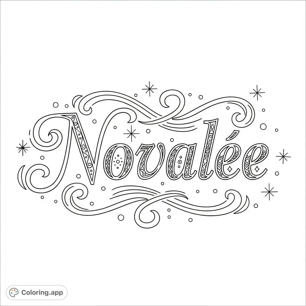 A beautifully stylized 'Novalee' name coloring page, featuring intricate lettering and decorative flourishes, perfect for personalization and creative expression.