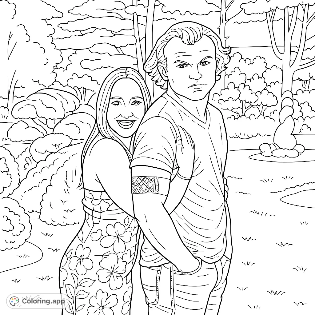 Capture a loving couple in a serene park setting. Perfect for personalizing with your favorite colors and celebrating connection.