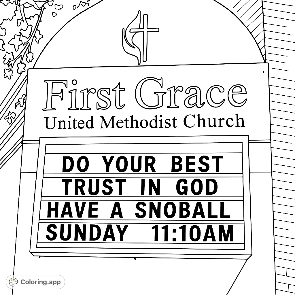 A unique church sign featuring the First Grace United Methodist Church name and a humorous message about "Snoball Sunday." Perfect for a fun coloring session.